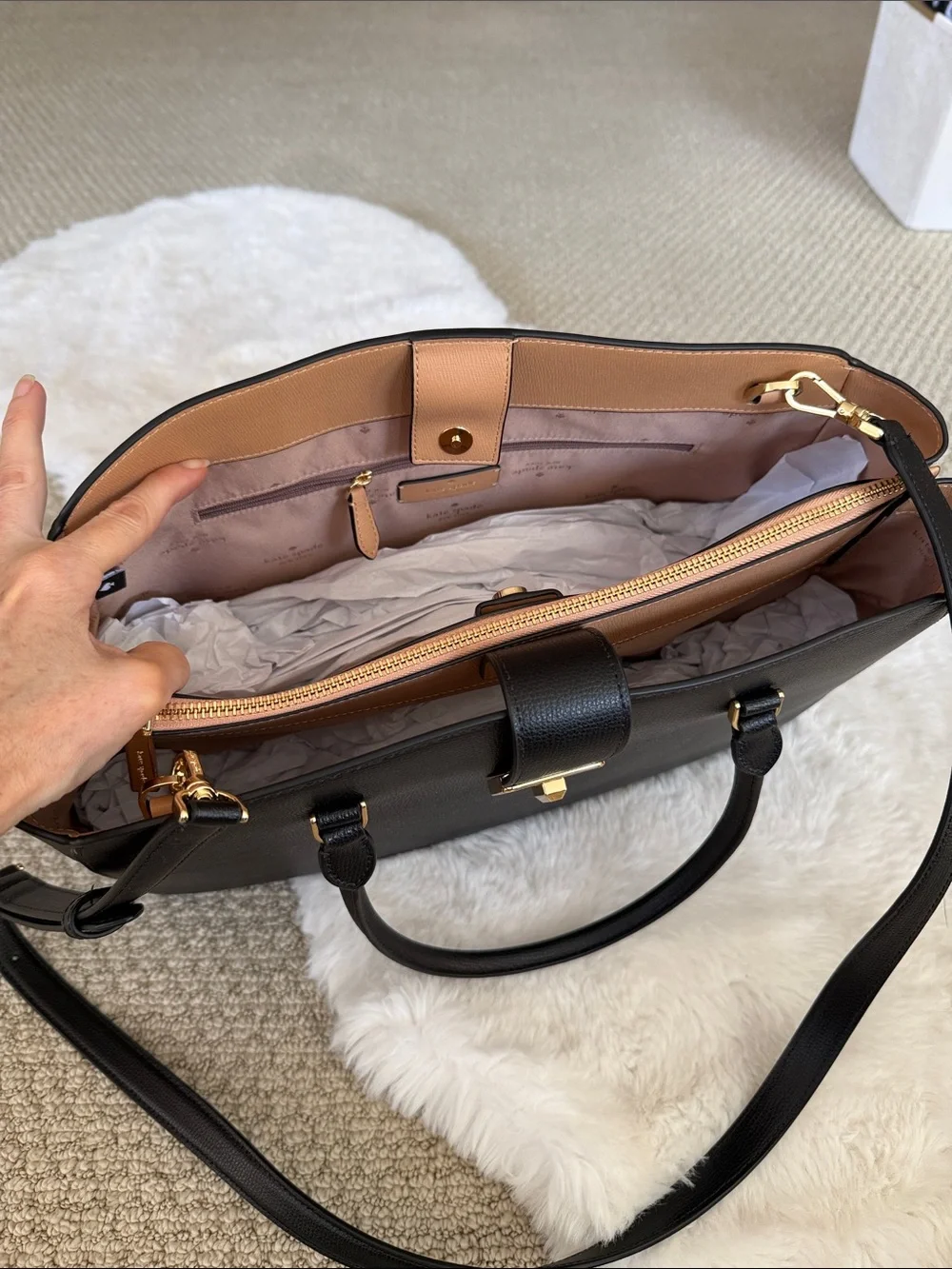kate spade Black Leather Structured Large Tote with Gold Hardware